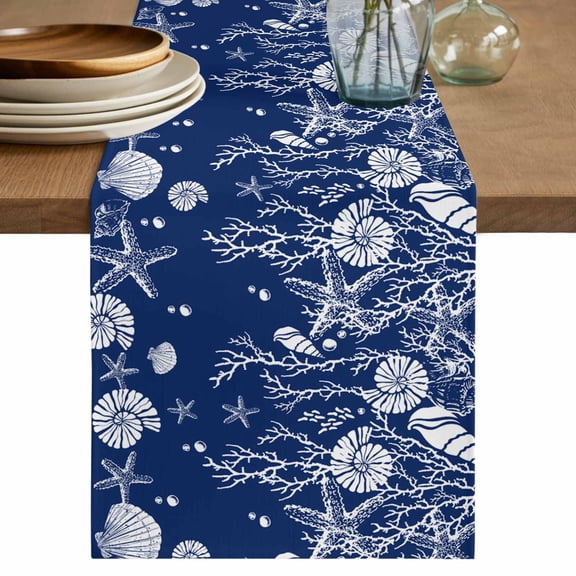 Table Runner 70 Inches Long, Navy Blue Coastal Decorative Table Runner for Party Wedding Home Decor, Starfish Coral Ocean Conch Sea Nautical Dresser Scarves for Kitchen Tables Decor 13x70 Inch