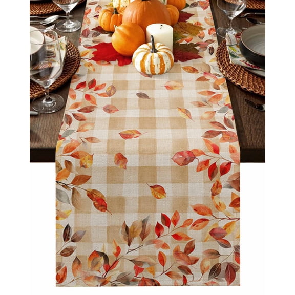 Table Runner 70 Inches Long, Thanksgiving Hello Fall Plant Leaves Buffalo Plaid Cotton Linen Table Runners Non-Slip Durable Dresser Scarves for Table Party Dinner Holiday Home Decor, 1 Pack