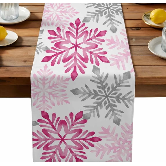 Table Runner 71 Inches Long, Winter Watercolor Pink Gray Snowflakes Linen Table Runners Dresser Scarf Runner for Bedroom Kitchen Home Party Dining Tables Decor Christmas Snow Texture