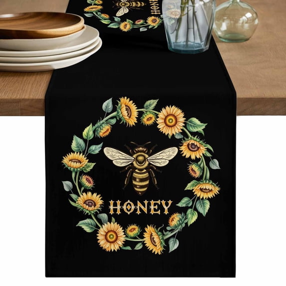 Table Runner - 72 Inch Long, Black Sunflowers Bees Kitchen Dining Table Runner Dresser Scarves, Farmhouse Honey Floral Rings Farmhouse Decor for Coffee Tables Wedding Party Banquet