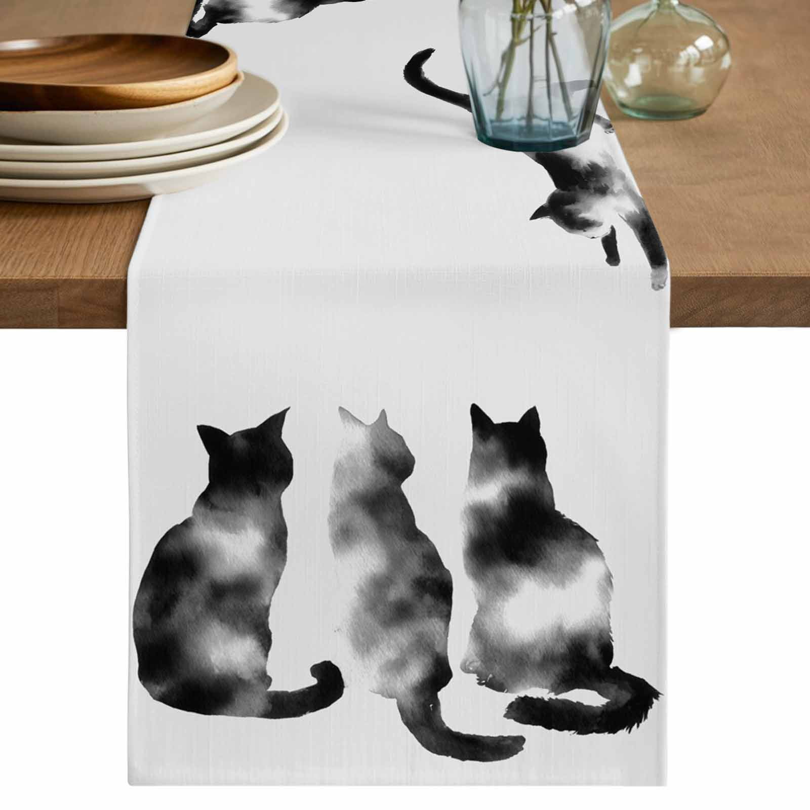 Table Runner - 72 Inch Long, Black White Cat Kitchen Dining Table ...