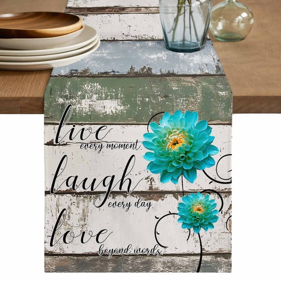 Table Runner 72 Inch Long - Blue Blossom Flower on Wood Barn Decorative Table Scarf, Love Quote Dining Table Runners for Wedding Party Kitchen Dining Tables