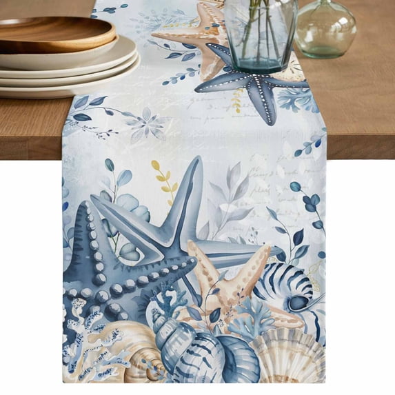 Table Runner - 72 Inch Long, Blue Eucalyptus Coastal Kitchen Dining Table Runner Dresser Scarves, Beach Starfish Shell Nautical Ombre Farmhouse Decor for Coffee Tables Wedding Party Banquet