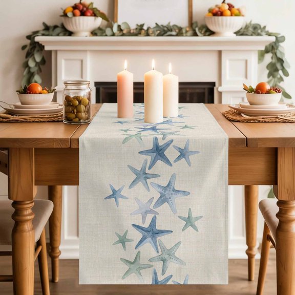 Table Runner 72 Inch Long - Blue Green Sea Starfish Decorative Table Scarf, Marine Life on Retro Linen Dining Table Runners for Wedding Party Kitchen Dining Tables