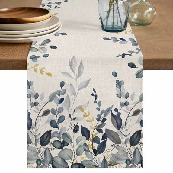 Table Runner - 72 Inch Long, Blue Grey Eucalyptus Kitchen Dining Table Runner Dresser Scarves, Farmhouse Weeping Leaves on Linen Farmhouse Decor for Coffee Tables Wedding Party Banquet