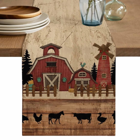 Table Runner - 72 Inch Long, Brown Farmhouse Kitchen Dining Table Runner Dresser Scarves, Vintage Country Animals Wooden Grain Farmhouse Decor for Coffee Tables Wedding Party Banquet