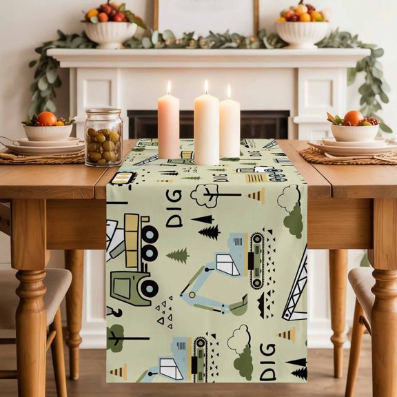 Table Runner 72 Inch Long - Cartoon Tractor Green Digger Shovel Decorative Table Scarf, Cute Truck Car Themed Dining Table Runners for Wedding Party Kitchen Dining Tables