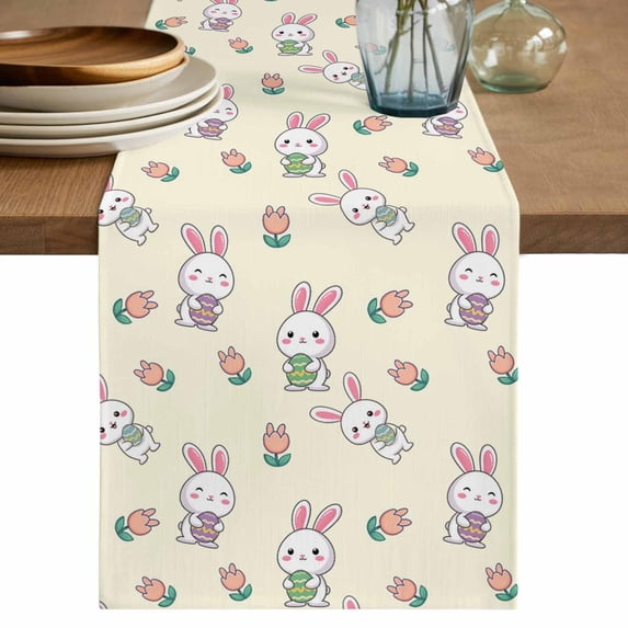Table Runner - 72 Inch Long, Easter Bunny Kitchen Dining Table Runner Dresser Scarves, Eggs Lovely Rabbits Spring Tulips Floral Yellow Farmhouse Decor for Coffee Tables Wedding Party Banquet