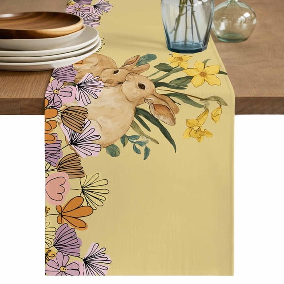 Table Runner - 72 Inch Long, Easter Bunny Kitchen Dining Table Runner Dresser Scarves, Spring Floral Vintage Botanical Rabbits Yellow Farmhouse Decor for Coffee Tables Wedding Party Banquet