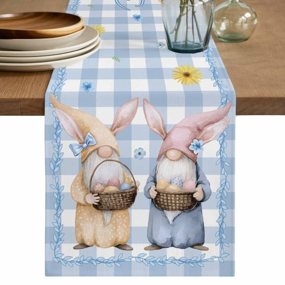 Table Runner - 72 Inch Long, Easter Gnomes Kitchen Dining Table Runner Dresser Scarves, Watercolor Eggs Basket Daisy Spring Blue Plaid Farmhouse Decor for Coffee Tables Wedding Party Banquet