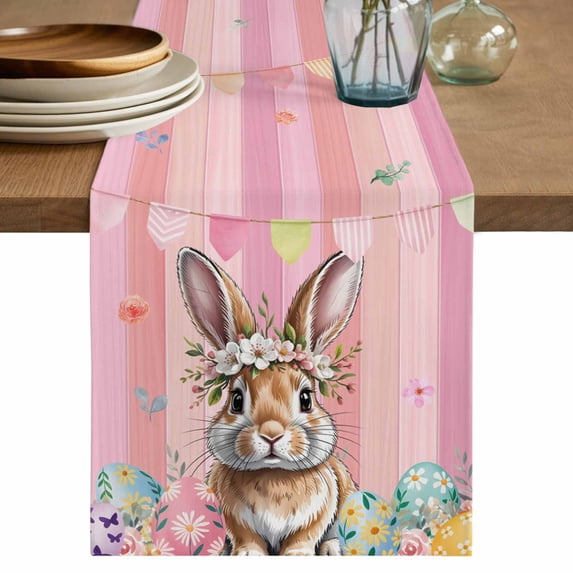 Table Runner - 72 Inch Long, Easter Kitchen Dining Table Runner Dresser Scarves, Spring Rabbit Eggs Flowers Flags Leaves Wood Grain Farmhouse Decor for Coffee Tables Wedding Party Banquet