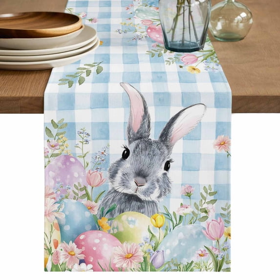 Table Runner - 72 Inch Long, Easter Kitchen Dining Table Runner Dresser Scarves, Spring Rabbit Eggs Flowers Herbs Blue Plaid Farmhouse Decor for Coffee Tables Wedding Party Banquet