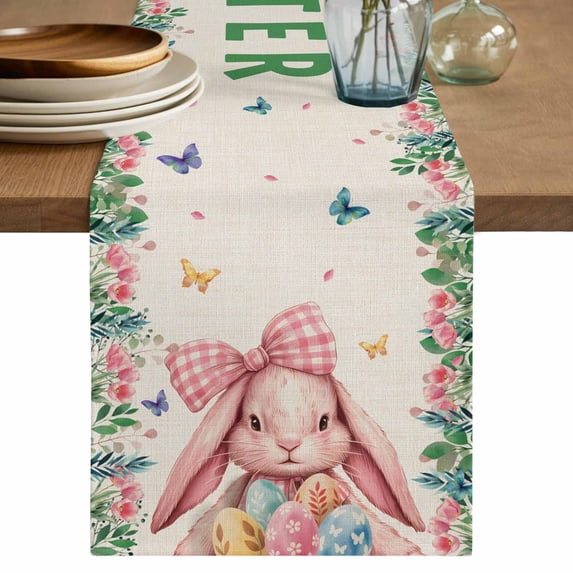 Table Runner - 72 Inch Long, Easter Rabbits Kitchen Dining Table Runner Dresser Scarves, Spring Floral Eggs Butterflies Bunny Leaf Beige Farmhouse Decor for Coffee Tables Wedding Party Banquet