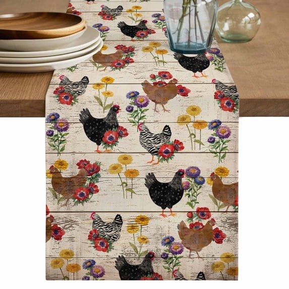 Table Runner - 72 Inch Long, Farmhouse Rooster Kitchen Dining Table Runner Dresser Scarves, Vintage Watercolor Flowers Wood Grain Farmhouse Decor for Coffee Tables Wedding Party Banquet
