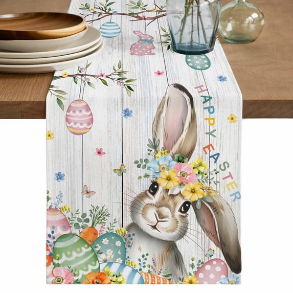 Table Runner - 72 Inch Long, Gray Easter Bunny Kitchen Dining Table Runner Dresser Scarves, Spring Easter Eggs Floral Wooden Farmhouse Decor for Coffee Tables Wedding Party Banquet