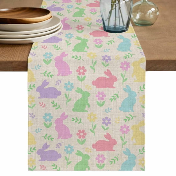 Table Runner - 72 Inch Long, Happy Easter Kitchen Dining Table Runner Dresser Scarves, Spring Colorful Bunny Floral Rustic Burlap Farmhouse Decor for Coffee Tables Wedding Party Banquet