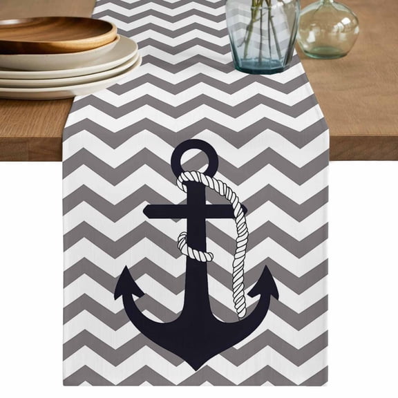 Table Runner 72 Inch Long - Nautical Anchor Dark Blue Decorative Table Scarf, Grey Zigzag Chevron Dining Table Runners for Wedding Party Kitchen Dining Tables