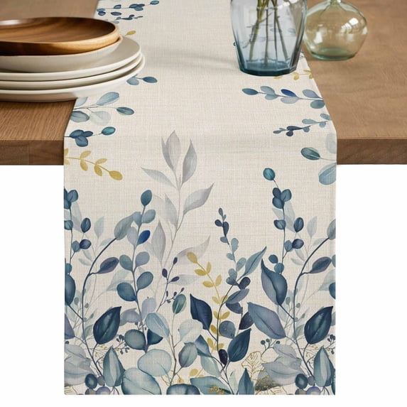 Table Runner - 72 Inch Long, Navy Blue Eucalyptus Kitchen Dining Table Runner Dresser Scarves, Farmhouse Weeping Leaves Linen Farmhouse Decor for Coffee Tables Wedding Party Banquet