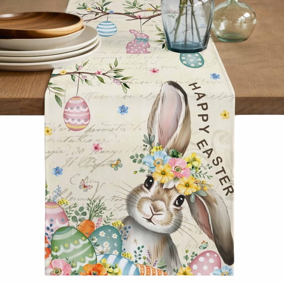 Table Runner - 72 Inch Long, Retro Easter Bunny Kitchen Dining Table Runner Dresser Scarves, Spring Easter Eggs Floral Botanical Farmhouse Decor for Coffee Tables Wedding Party Banquet