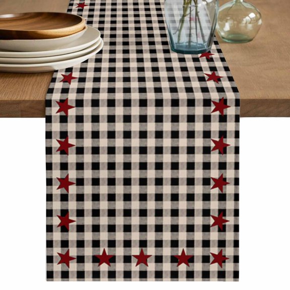 Table Runner 72 Inch Long - Retro Red Stars Decorative Table Scarf, Country Black Buffalo Checkered Dining Table Runners for Wedding Party Kitchen Dining Tables
