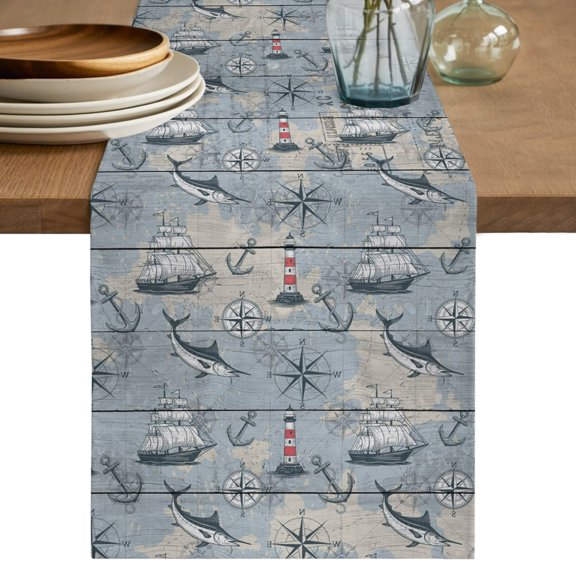 Table Runner 72 Inch Long - Sailing Anchor Compass Fish Decorative Table Scarf, Retro Wood Plank Nautical Theme Dining Table Runners for Wedding Party Kitchen Dining Tables