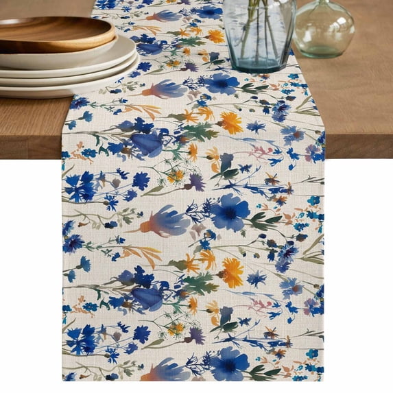 Table Runner - 72 Inch Long, Spring Blue Flowers Kitchen Dining Table Runner Dresser Scarves, Vintage Floral Botanical Rustic Garden Farmhouse Decor for Coffee Tables Wedding Party Banquet