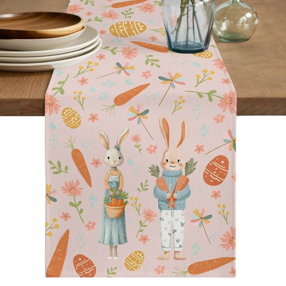 Table Runner - 72 Inch Long, Spring Easter Kitchen Dining Table Runner Dresser Scarves, Bunny Carrots Eggs Floral Botanical Pink Farmhouse Decor for Coffee Tables Wedding Party Banquet