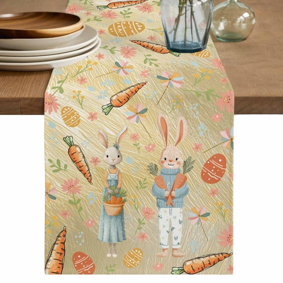 Table Runner - 72 Inch Long, Spring Easter Kitchen Dining Table Runner Dresser Scarves, Bunny Carrots Eggs Floral Botanical Yellow Farmhouse Decor for Coffee Tables Wedding Party Banquet