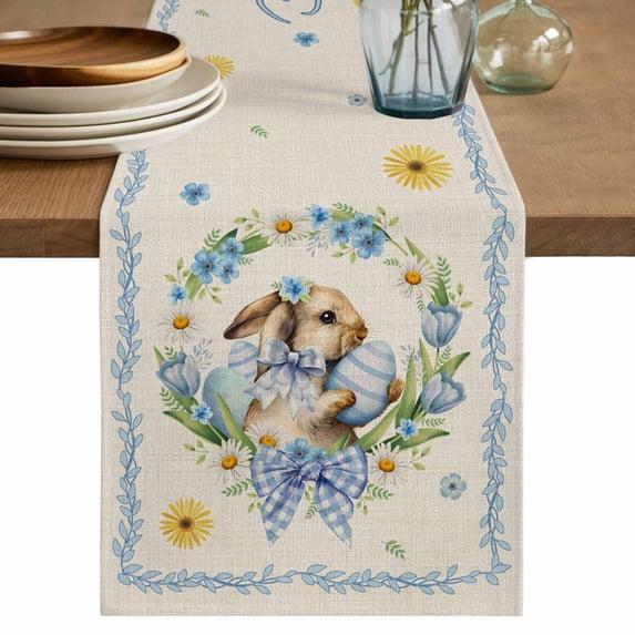 Table Runner - 72 Inch Long, Spring Easter Kitchen Dining Table Runner Dresser Scarves, Cute Rabbits Eggs Bow Daisy Tulips Plants Beige Farmhouse Decor for Coffee Tables Wedding Party Banquet