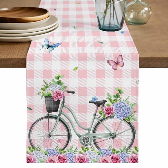 Table Runner - 72 Inch Long, Spring Kitchen Dining Table Runner Dresser Scarves, Bicycles Leaves Butterfly Flowers Pink Buffalo Plaid Farmhouse Decor for Coffee Tables Wedding Party Banquet