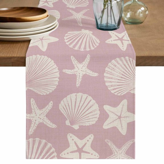 Table Runner 72 Inch Long - Summer Sea Starfish Shell Decorative Table Scarf, Coastal Ocean Life on Pink Dining Table Runners for Wedding Party Kitchen Dining Tables