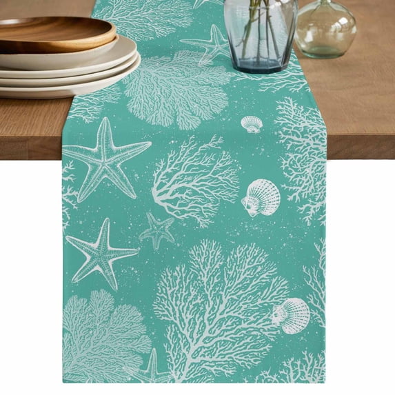 Table Runner - 72 Inch Long, Teal Coastal Kitchen Dining Table Runner Dresser Scarves, Starfish Coral Summer Beach Ocean Farmhouse Decor for Coffee Tables Wedding Party Banquet