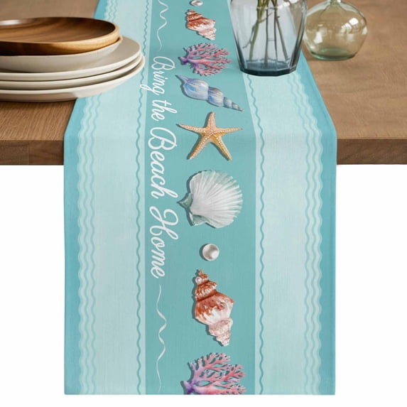 Table Runner - 72 Inch Long, Teal Summer Coastal Kitchen Dining Table Runner Dresser Scarves, Modern Ocean Waves Starfish Shell Farmhouse Decor for Coffee Tables Wedding Party Banquet