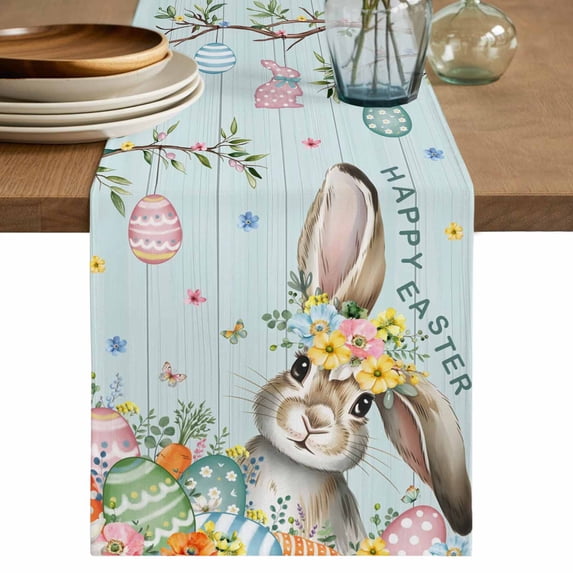 Table Runner - 72 Inch Long, Turquoise Easter Bunny Kitchen Dining Table Runner Dresser Scarves, Spring Easter Eggs Floral Wooden Farmhouse Decor for Coffee Tables Wedding Party Banquet