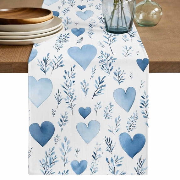 Table Runner - 72 Inch Long, Valentine's Day Blue Kitchen Dining Table Runner Dresser Scarves, Spring Love Leaves Botanical Farmhouse Decor for Coffee Tables Wedding Party Banquet