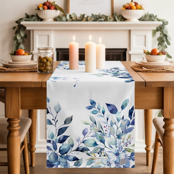 Table Runner 72 Inch Long - Watercolor Botanical Blue Leaves Decorative Table Scarf, Farm Pastoral Leaf on White Dining Table Runners for Wedding Party Kitchen Dining Tables