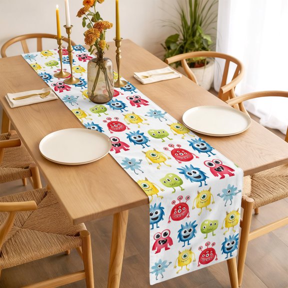 Table Runner 72 Inches Long,Abstract Cartoon Monsters Kitchen Dining Table Runners Linen Dresser Scarf,Seamless Colorful Cute Alien Washable Tabletop Decoration for Home Holiday Party