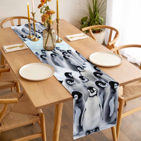 Table Runner 72 Inches Long,Antarctic Penguin Kitchen Dining Table Runners Linen Dresser Scarf, Gray White Art Washable Tabletop Decoration for Home Holiday Party