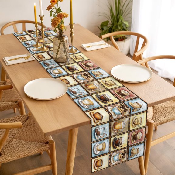 Table Runner 72 Inches Long,Cafe Coffee Cup Kitchen Dining Table Runners Linen Dresser Scarf,Retro Plaid Illustration Art Washable Tabletop Decoration for Home Holiday Party