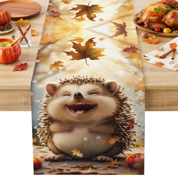 Table Runner 72 Inches Long,Cartoon Hedgehog Autumn Maple Leaves Pumpkin Kitchen Dining Table Runners Linen Dresser Scarf,Forest Washable Tabletop Decoration for Home Holiday Party