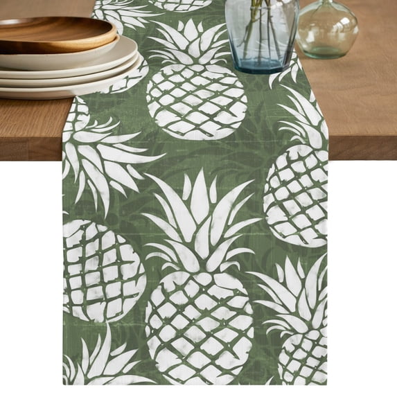 Table Runner 72 Inches Long, Dark Green White Pineapple Decorative Table Runner for Party Wedding Home Decor, Tropical Summer Botanical Fruits Dresser Scarves for Kitchen Tables Decor 14x72 Inch