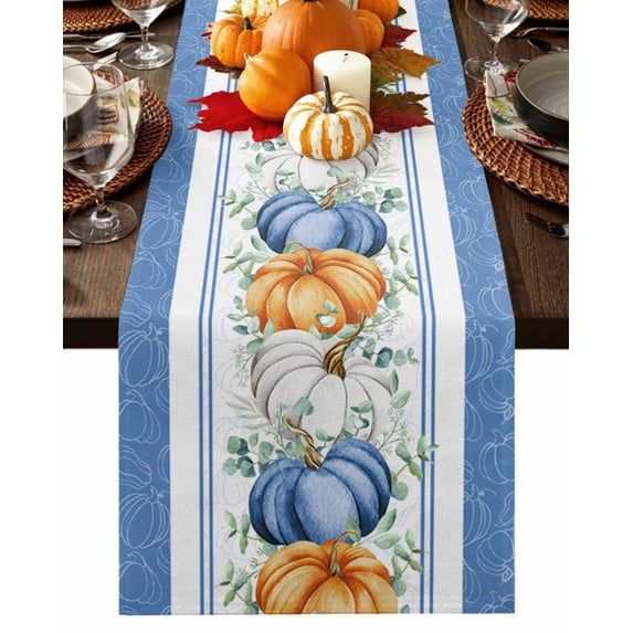 Table Runner 72 Inches Long, Fall Pumpkins Eucalyptus Autumn Thanksgiving Blue Cotton Linen Table Runners Non-Slip Durable Dresser Scarves for Table Party Dinner Holiday Home Decor, 1 Pack