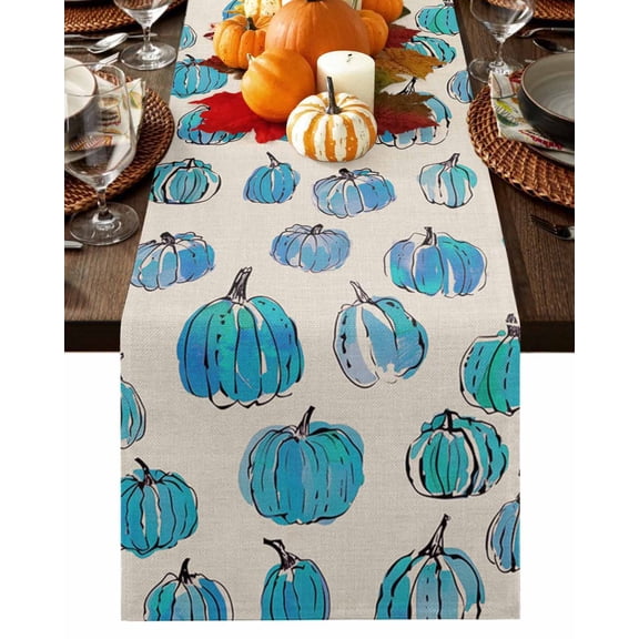 Table Runner 72 Inches Long, Fall Thanksgiving Blue Pumpkin Simple Lines Linen Cotton Linen Table Runners Non-Slip Durable Dresser Scarves for Table Party Dinner Holiday Home Decor, 1 Pack