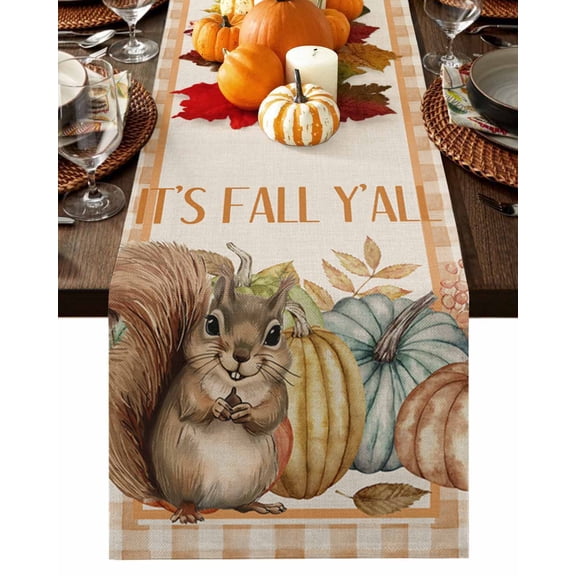 Table Runner 72 Inches Long, Fall Thanksgiving Cute Squirrel Nut Pumpkin Buffalo Plaid Cotton Linen Table Runners Non-Slip Durable Dresser Scarves for Table Party Dinner Holiday Home Decor, 1 Pack