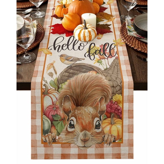 Table Runner 72 Inches Long, Fall Thanksgiving Day Pumpkins Squirrel Grapes Buffalo Plaid Cotton Linen Table Runners Non-Slip Durable Dresser Scarves for Table Party Dinner Holiday Home Decor, 1 Pack