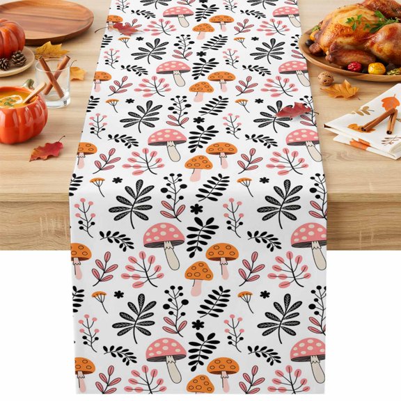 Table Runner 72 Inches Long,Farm Mushroom Leaf Cartoon Style Kitchen Dining Table Runners Linen Dresser Scarf,Autumn Leaves Seamless Washable Tabletop Decoration for Home Holiday Party
