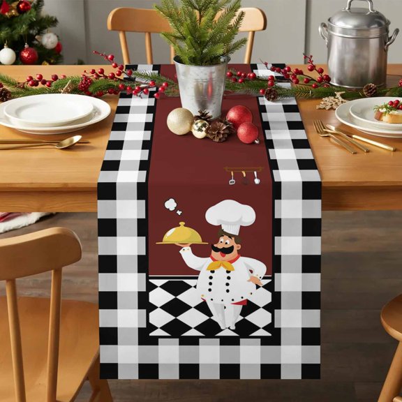 Table Runner 72 Inches Long - Funny Chef Food Cutlery Decorative Table Scarf, Black White Plaid Dark Maroon Dining Table Runners for Wedding Party Kitchen Dining Tables