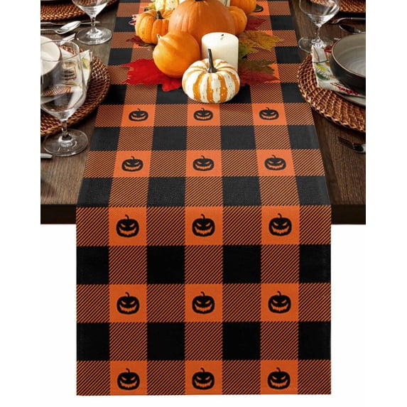 Table Runner 72 Inches Long, Funny Pumpkin Pattern on Orange Plaid Cotton Linen Table Runners Non-Slip Durable Dresser Scarves for Table Party Dinner Holiday Home Decor, 1 Pack