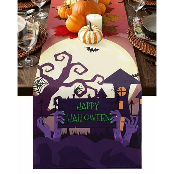 Table Runner 72 Inches Long, Halloween Castle Horror Illustration Cotton Linen Table Runners Non-Slip Durable Dresser Scarves for Table Party Dinner Holiday Home Decor, 1 Pack