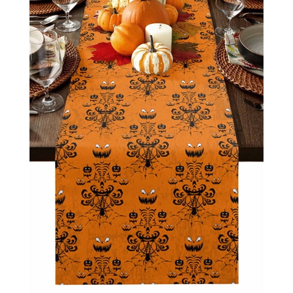 Table Runner 72 Inches Long, Halloween Horror Decor Ghost Face Orange Pattern Cotton Linen Table Runners Non-Slip Durable Dresser Scarves for Table Party Dinner Holiday Home Decor, 1 Pack